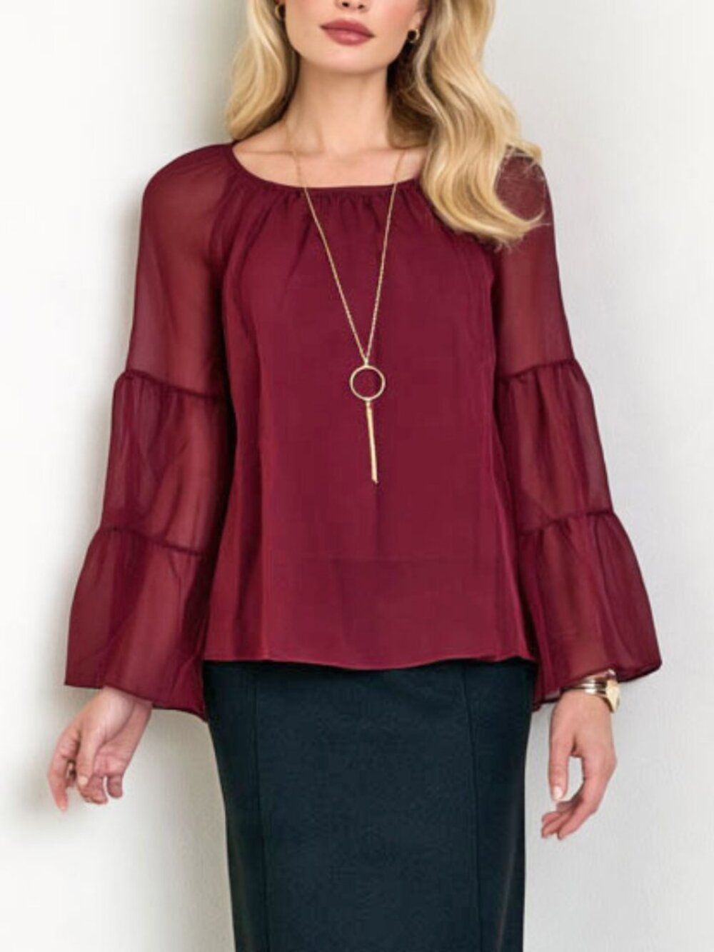 NWT JM Collection Petite Tier-Sleeve Necklace Blouse Top Burgundy Red PXL